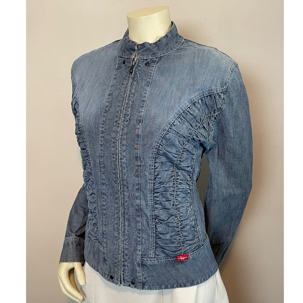 Lady Enyce 90s Streetwear Y2K Ruched Lightweight Denim Jacket Blue XXL Zip Front - Picture 3 of 8